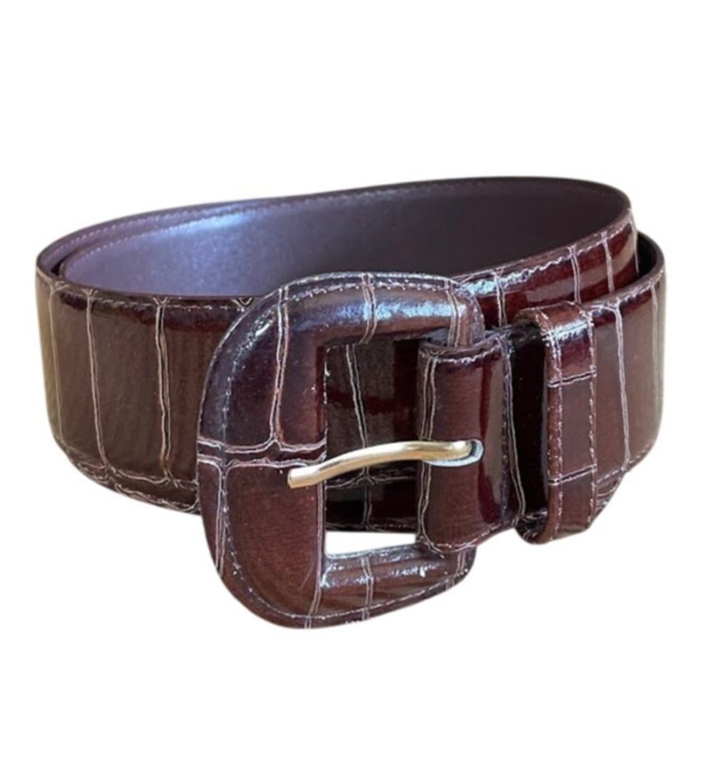 Womens Genuine Leather Reptile Print Wide Belt Espresso‎ Brown Size M/L